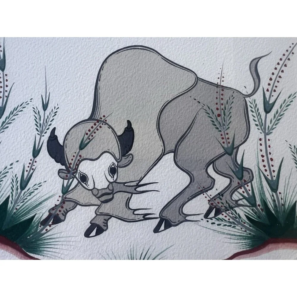 Native American Art Watercolor On Paper White Bison Artist Chief Carl Terry Saul